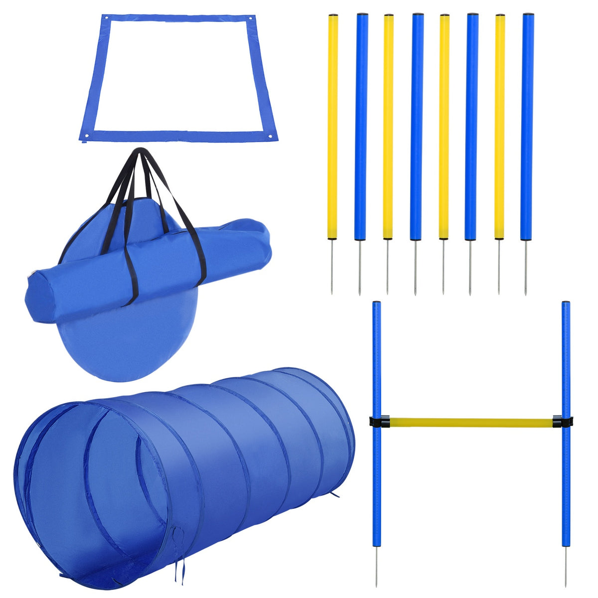 Agility Exercise Set Slalom Hurdle Tunnel Dog Sports Training Area Pe+Polyester Blue+Yellow