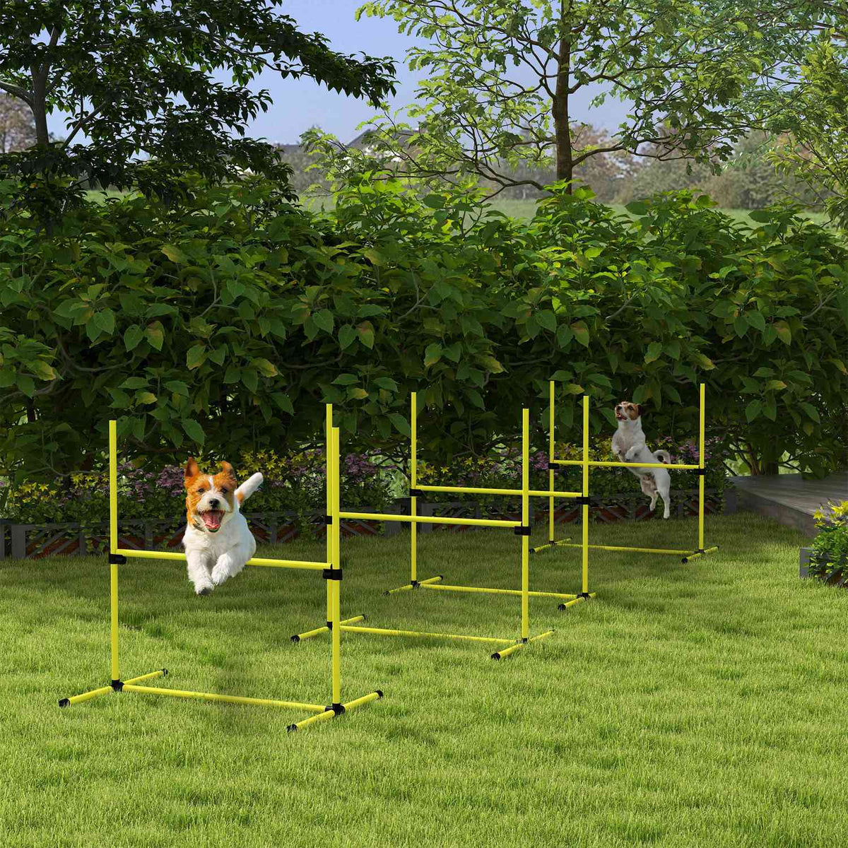 Agility hurdle set slalom poles dog training set 4 x hurdles, plastic, yellow, 99x65x94cm