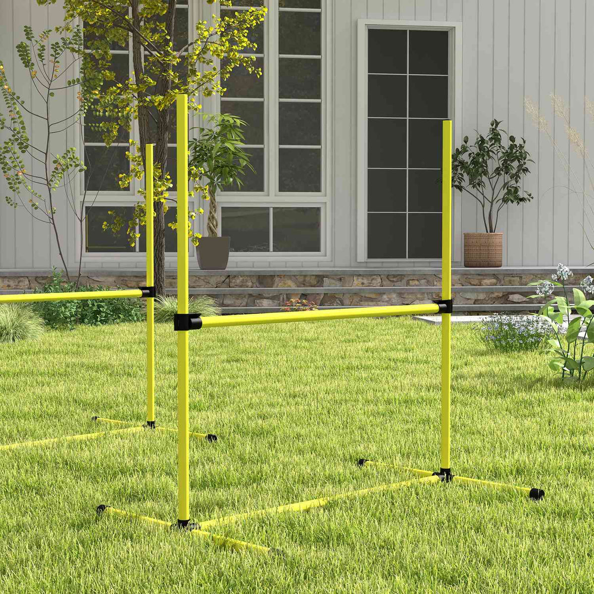 Agility hurdle set slalom poles dog training set 4 x hurdles, plastic, yellow, 99x65x94cm