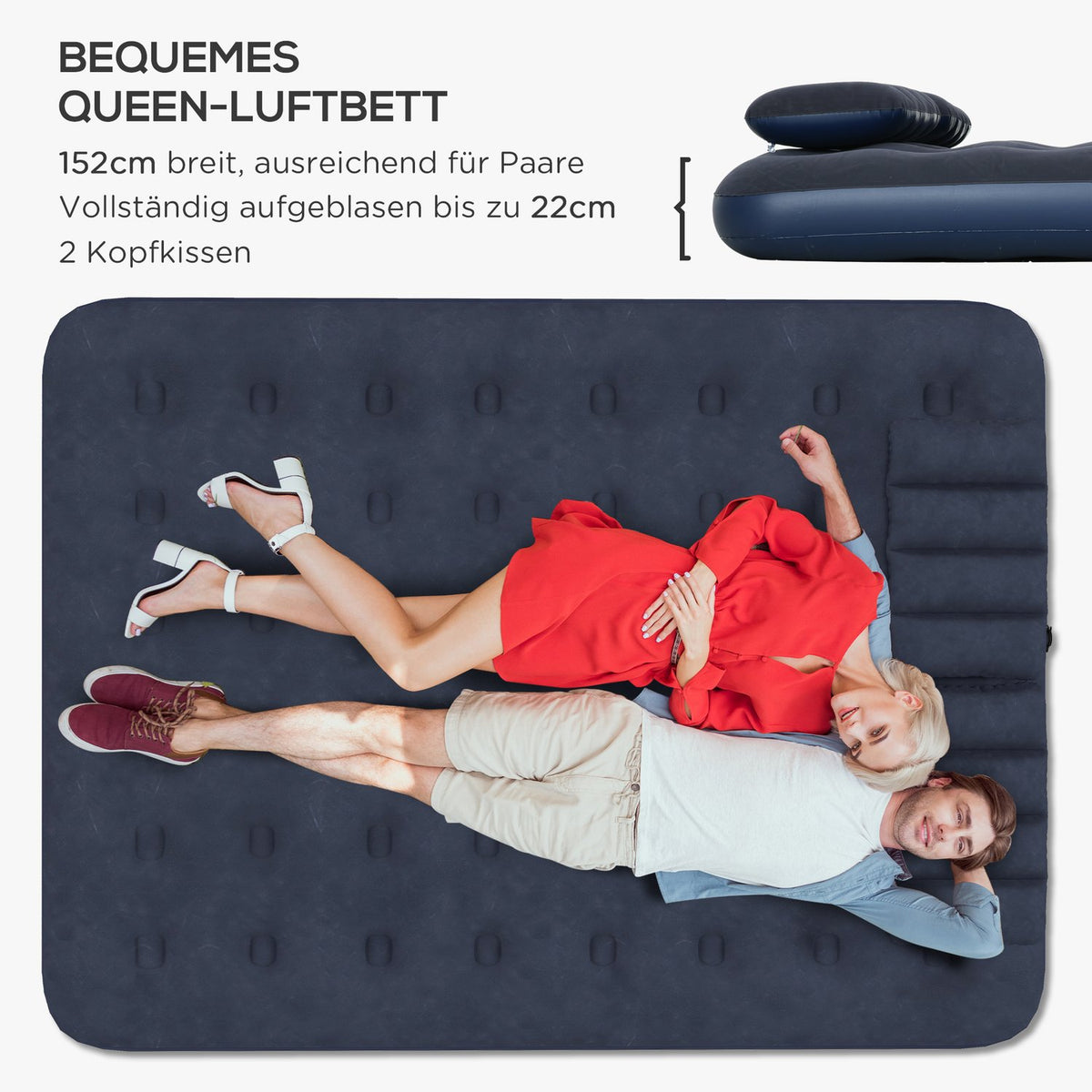 Air Bed Double Air Mattress With Hand Pump & Pillow, Blue, 203X152X22Cm