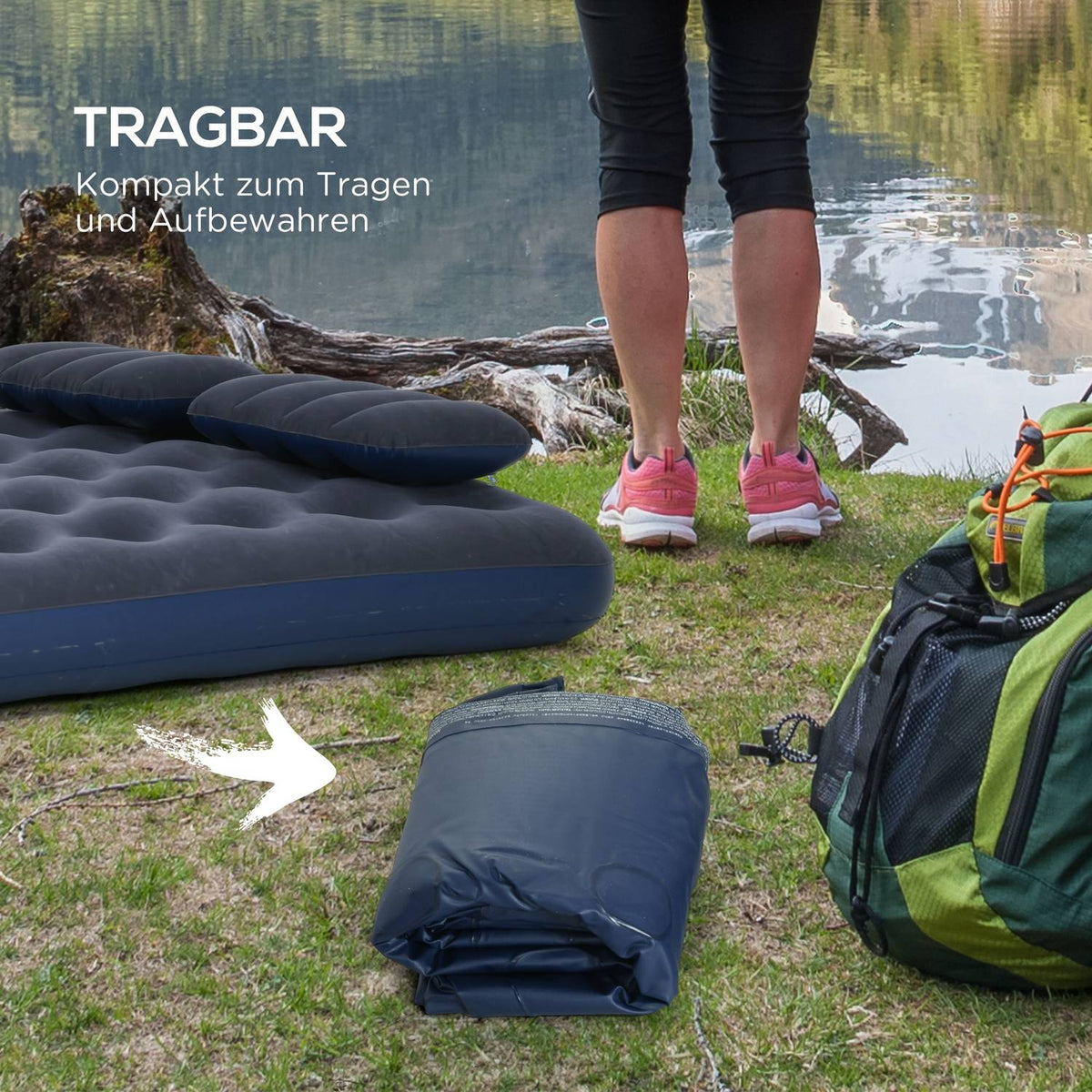 Air Bed Double Air Mattress With Hand Pump & Pillow, Blue, 203X152X22Cm