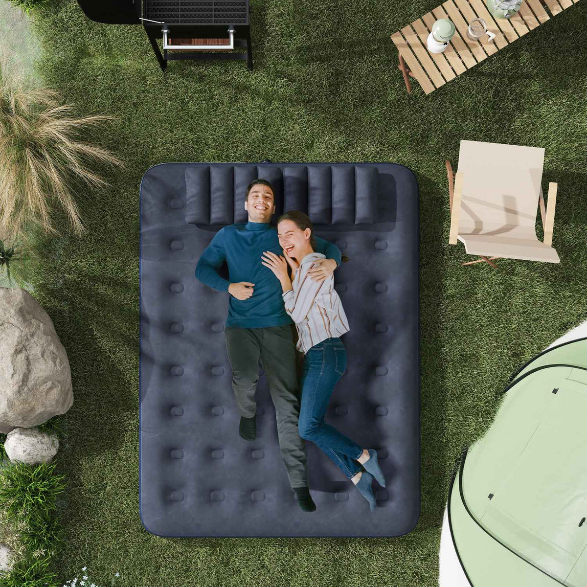 Air Bed Double Air Mattress With Hand Pump & Pillow, Blue, 203X152X22Cm