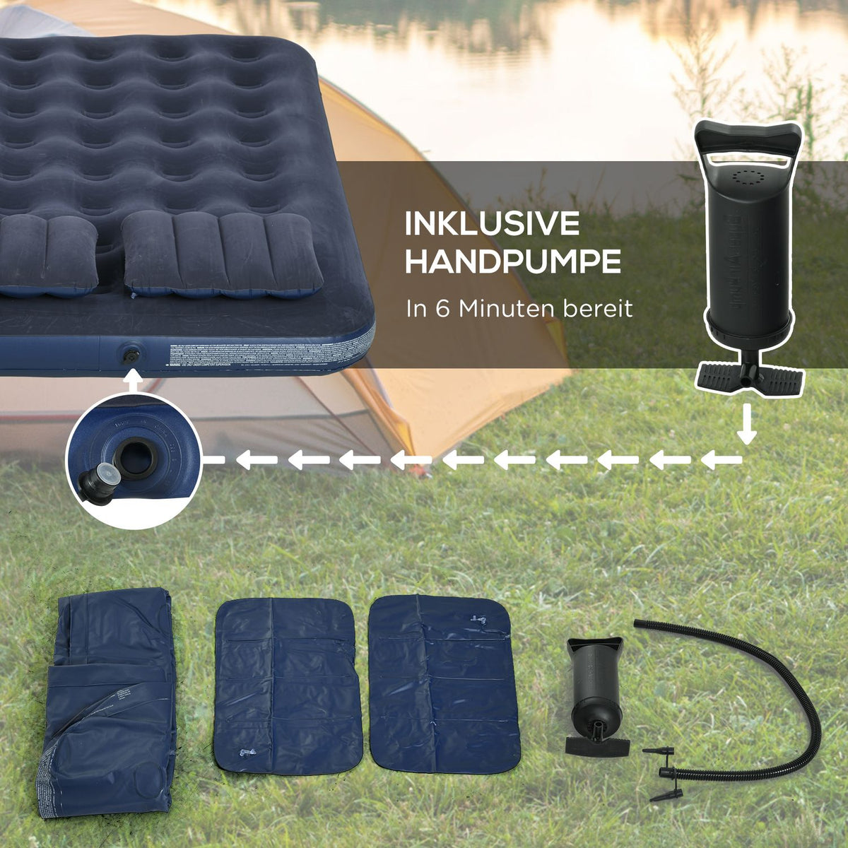 Air Bed Double Air Mattress With Hand Pump & Pillow, Blue, 203X152X22Cm