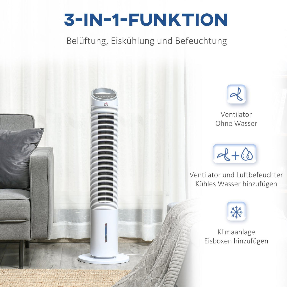Air Cooler Tower Fan With Water Cooling, Remote Control, Air Humidification, 8H Timer, 20㎡, 60W, Ø30X100.8H Cm
