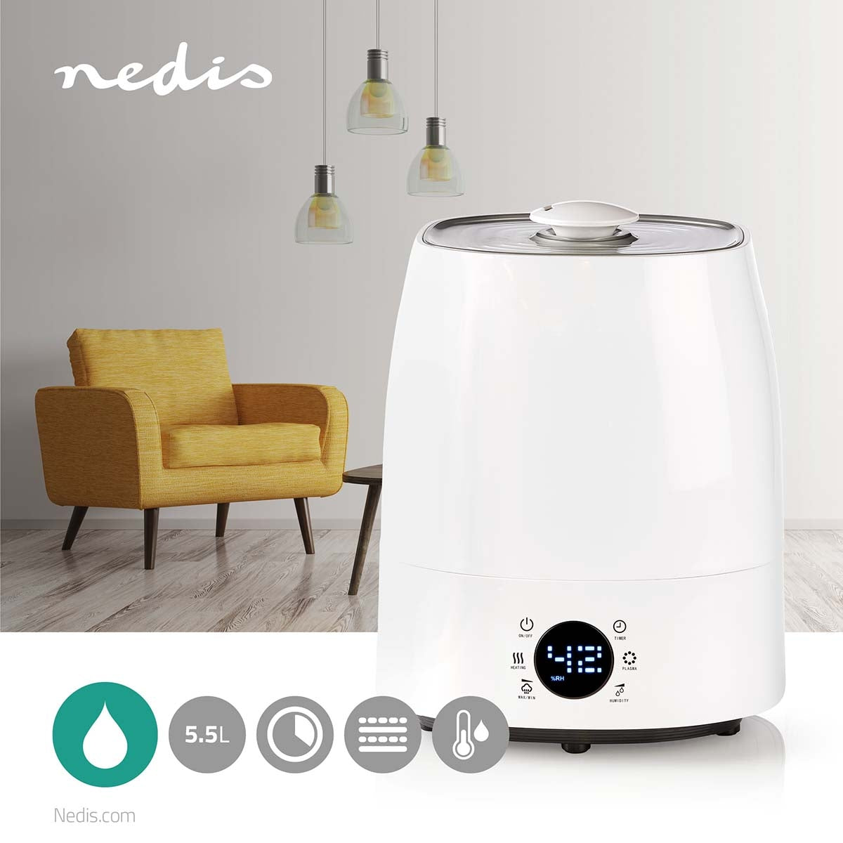 Air Humidifier | 110 W | With Cool and Warm Mist | 5.5 l | Hygrometer | Timer | Suitable for space up to: 50 m² | Grey / White