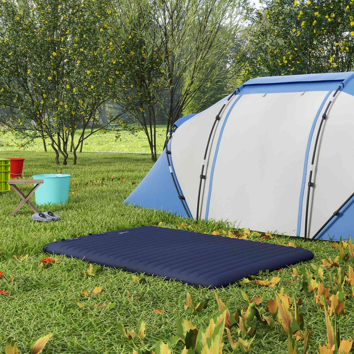 Air Mattress, Air Bed, Foldable Camping Bed For 2 People With Foot Pump, Carry Bag, For Camping, Travel, Polyester, Blue, 195 X 140 X 10 Cm