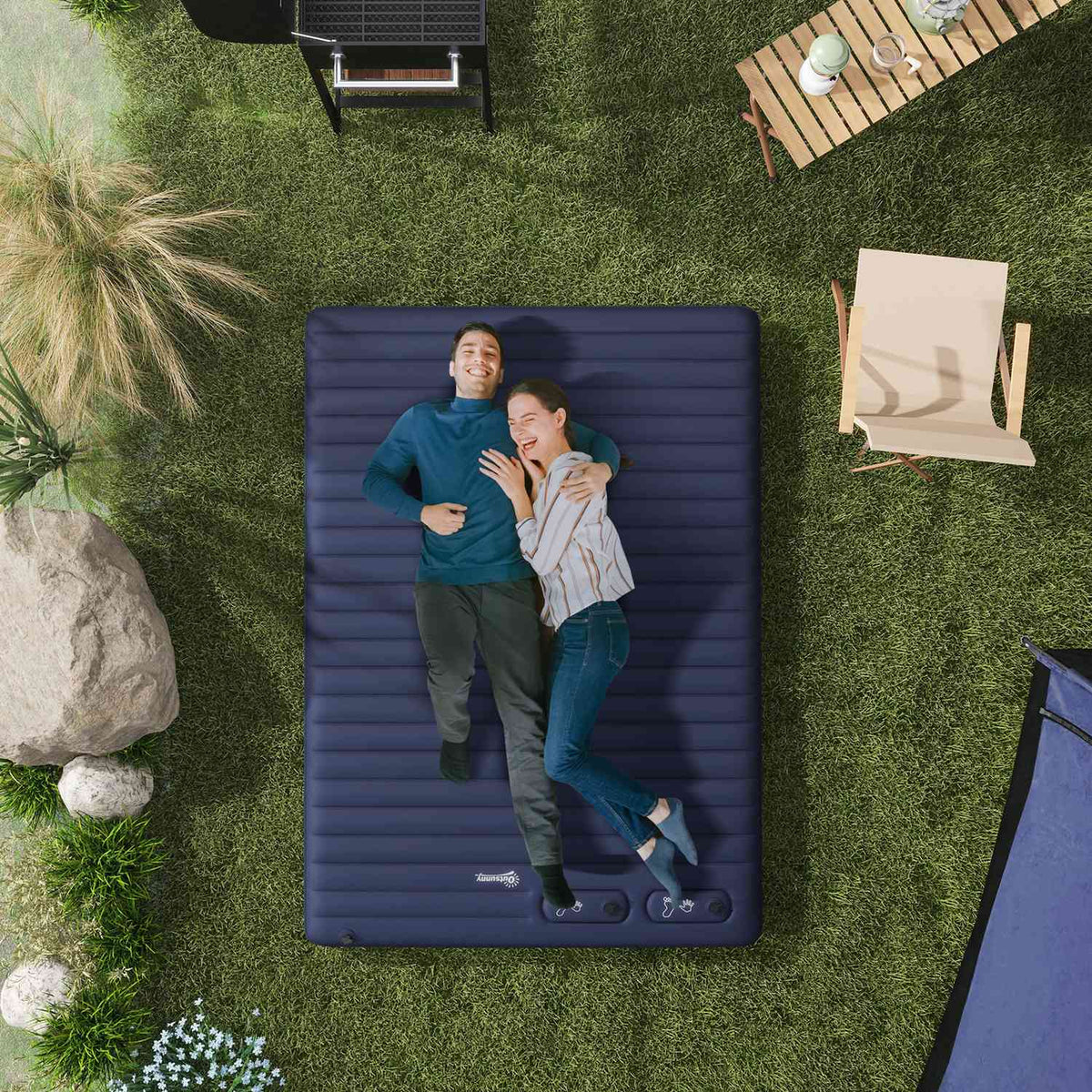 Air Mattress, Air Bed, Foldable Camping Bed For 2 People With Foot Pump, Carry Bag, For Camping, Travel, Polyester, Blue, 195 X 140 X 10 Cm