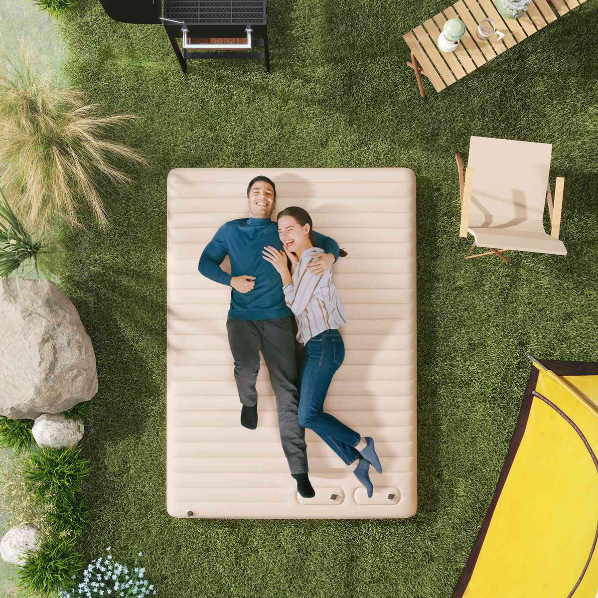 Air Mattress, Air Bed, Foldable Camping Bed For 2 People With Foot Pump, Carry Bag, For Camping, Travel, Polyester, White, 195 X 140 X 10 Cm