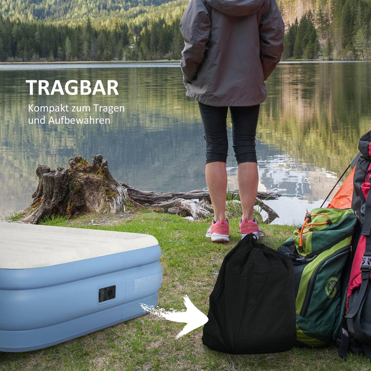 Air Mattress Double Camping Bed For 2 With Pillow & Electric Pump, Light Blue, 203X152X46Cm