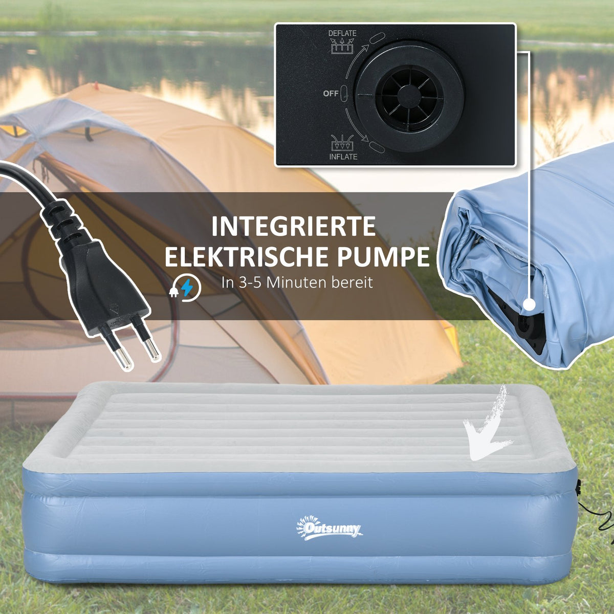 Air Mattress Double Camping Bed For 2 With Pillow & Electric Pump, Light Blue, 203X152X46Cm