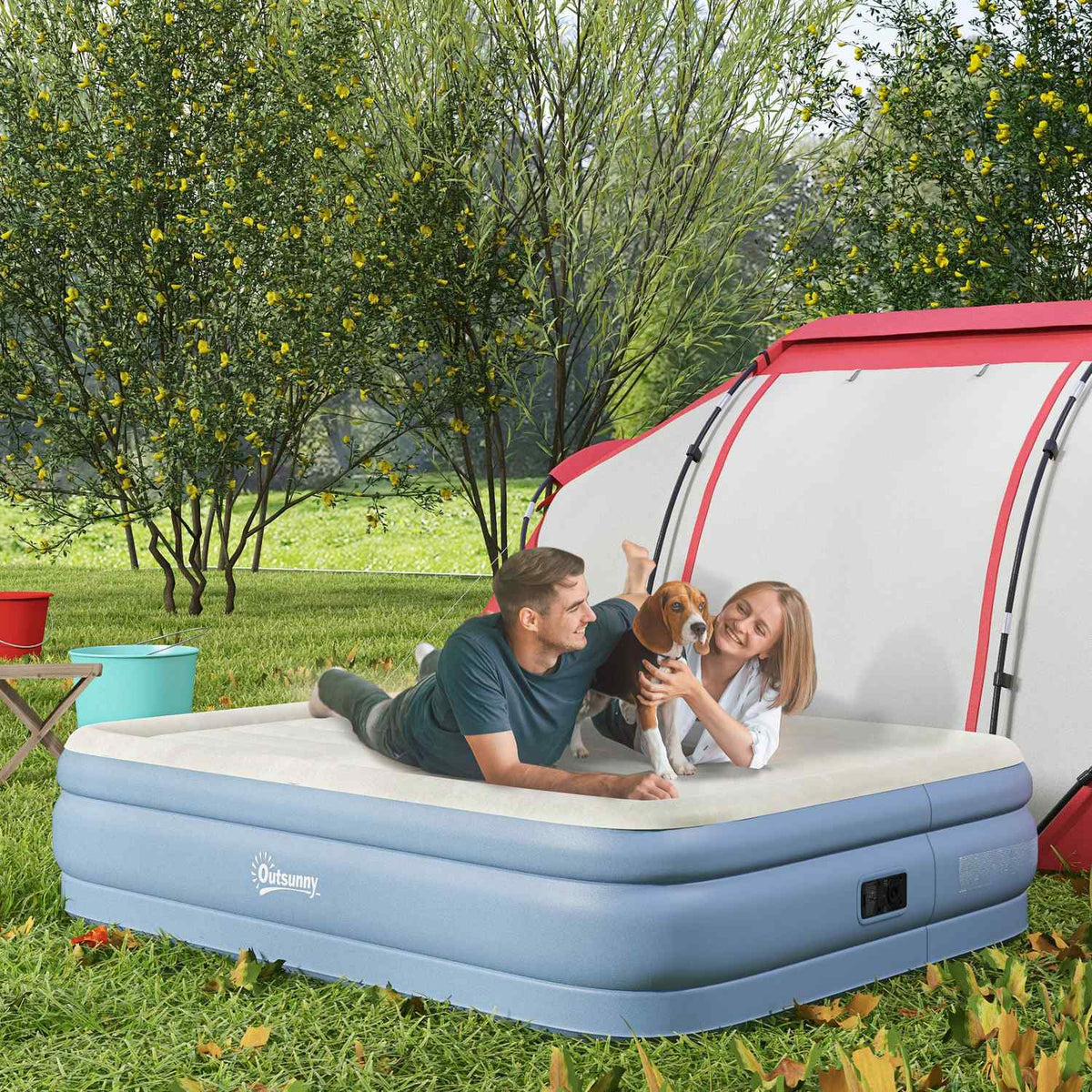 Air Mattress Double Camping Bed For 2 With Pillow & Electric Pump, Light Blue, 203X152X46Cm