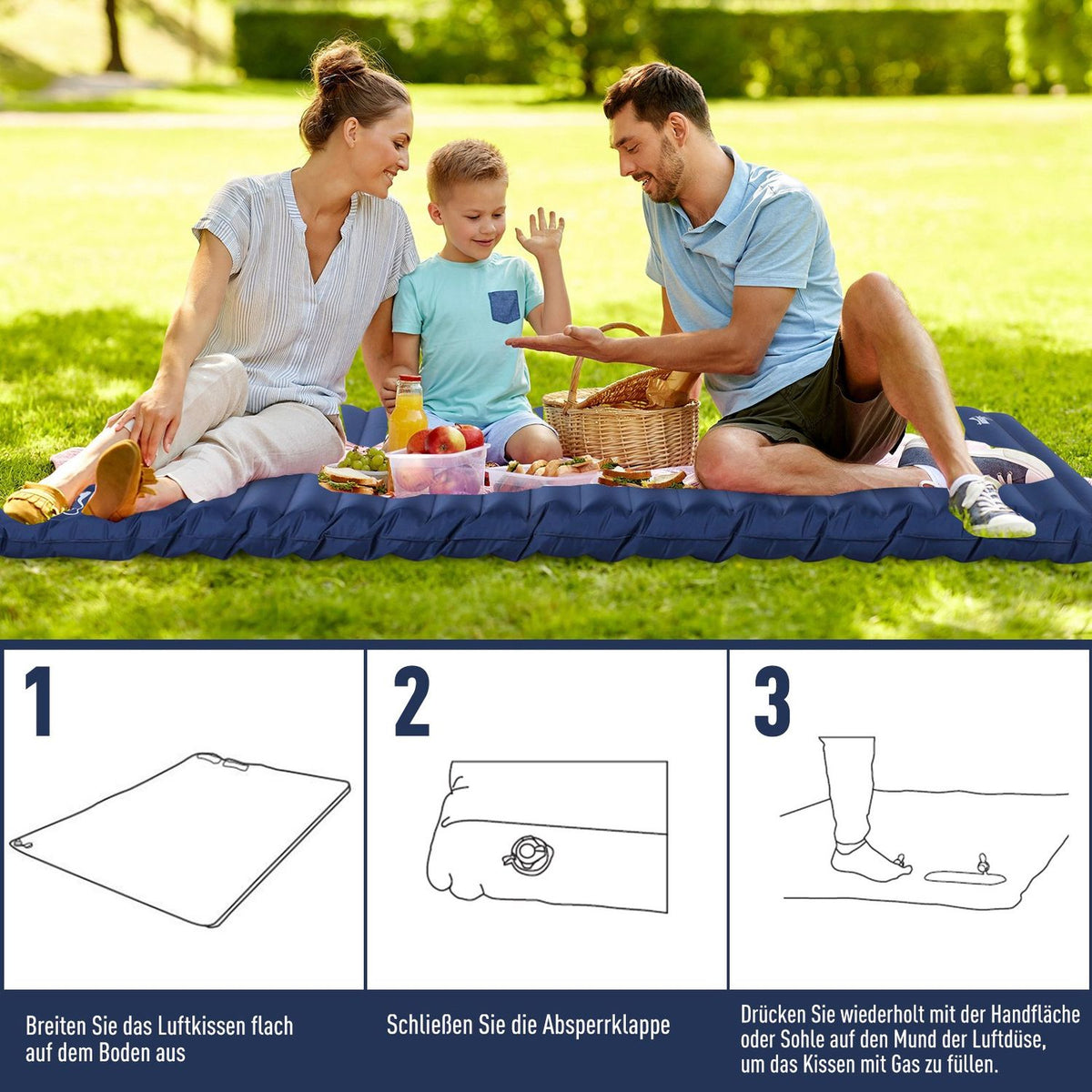 Air Mattress Inflatable Air Bed, Camping Mattress, Sleeping Mat, Pvc & Polyester Pongee, Navy Blue, 195X138X10Cm