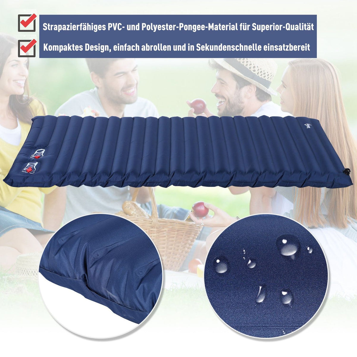 Air Mattress Inflatable Air Bed, Camping Mattress, Sleeping Mat, Pvc & Polyester Pongee, Navy Blue, 195X138X10Cm