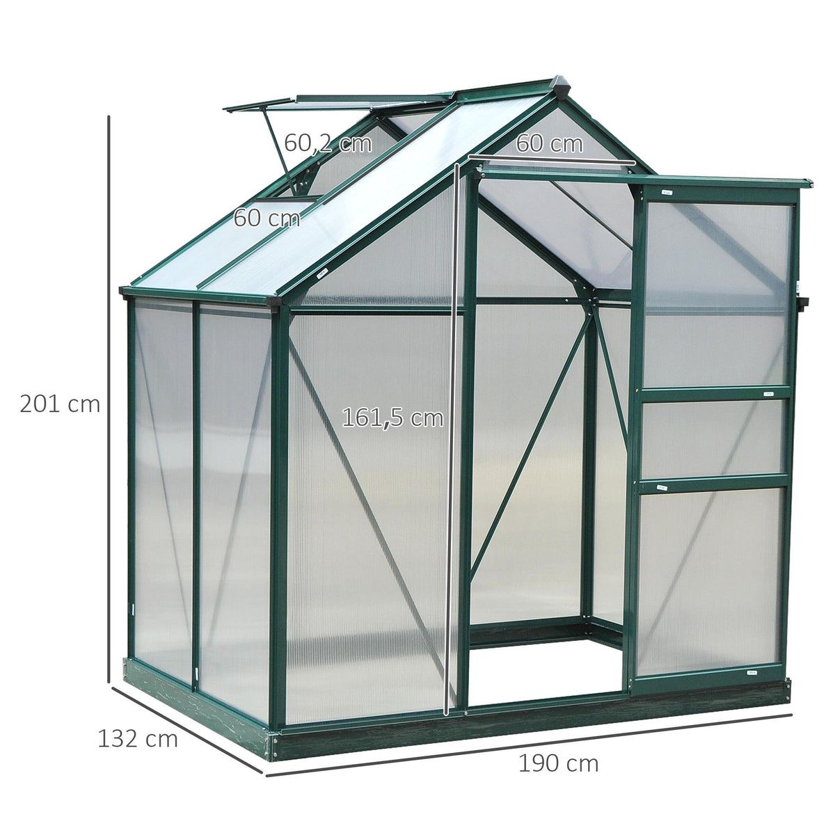 Aluminium Greenhouse with Roof Vent, 190 x 132 x 201 cm