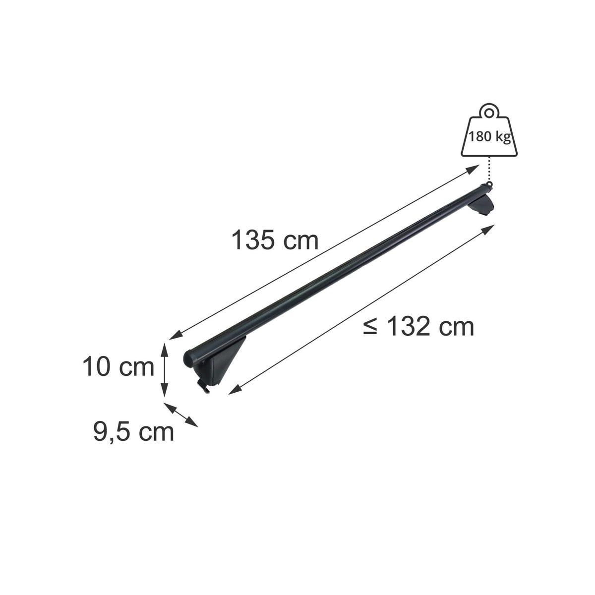 Aluminium Roof Bars for Closed Rails, Black, 135 cm
