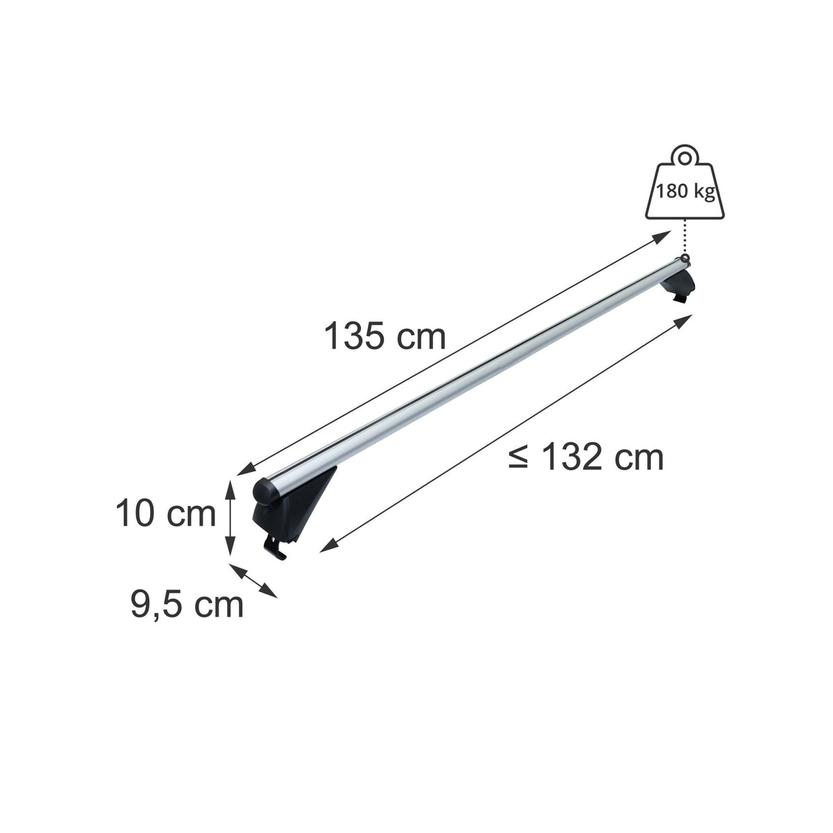 Aluminium Roof Bars for Closed Rails, Silver, 135 cm