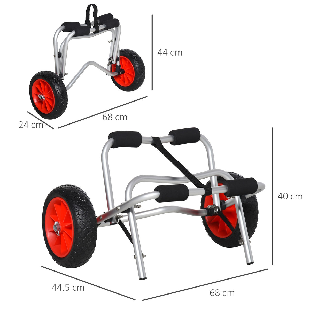 Aluminum Canoe Cart, Kayak Cart, Surf Cart, Foldable With Strap, Pu Wheels, Silver, Up To 75 Kg, 68 X 44.5 X 40 Cm