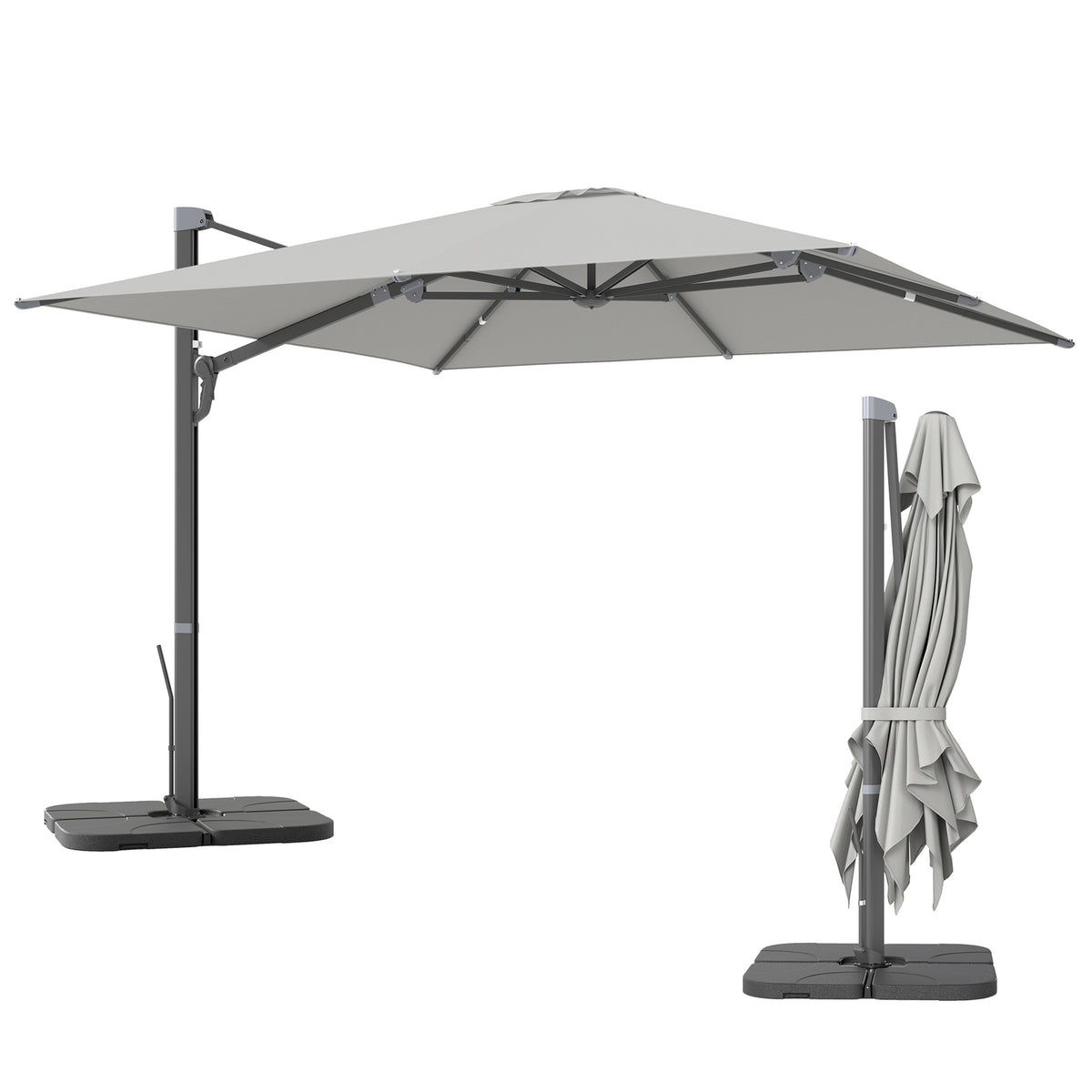 Aluminum Cantilever Umbrella 3 x 3 m 360° Rotating Parasol with Crank Stand Tiltable Water-Repellent Market Umbrella Height-Adjustable Garden Umbrella Crank Umbrella Sun Protection for Garden Balcony Light Gray