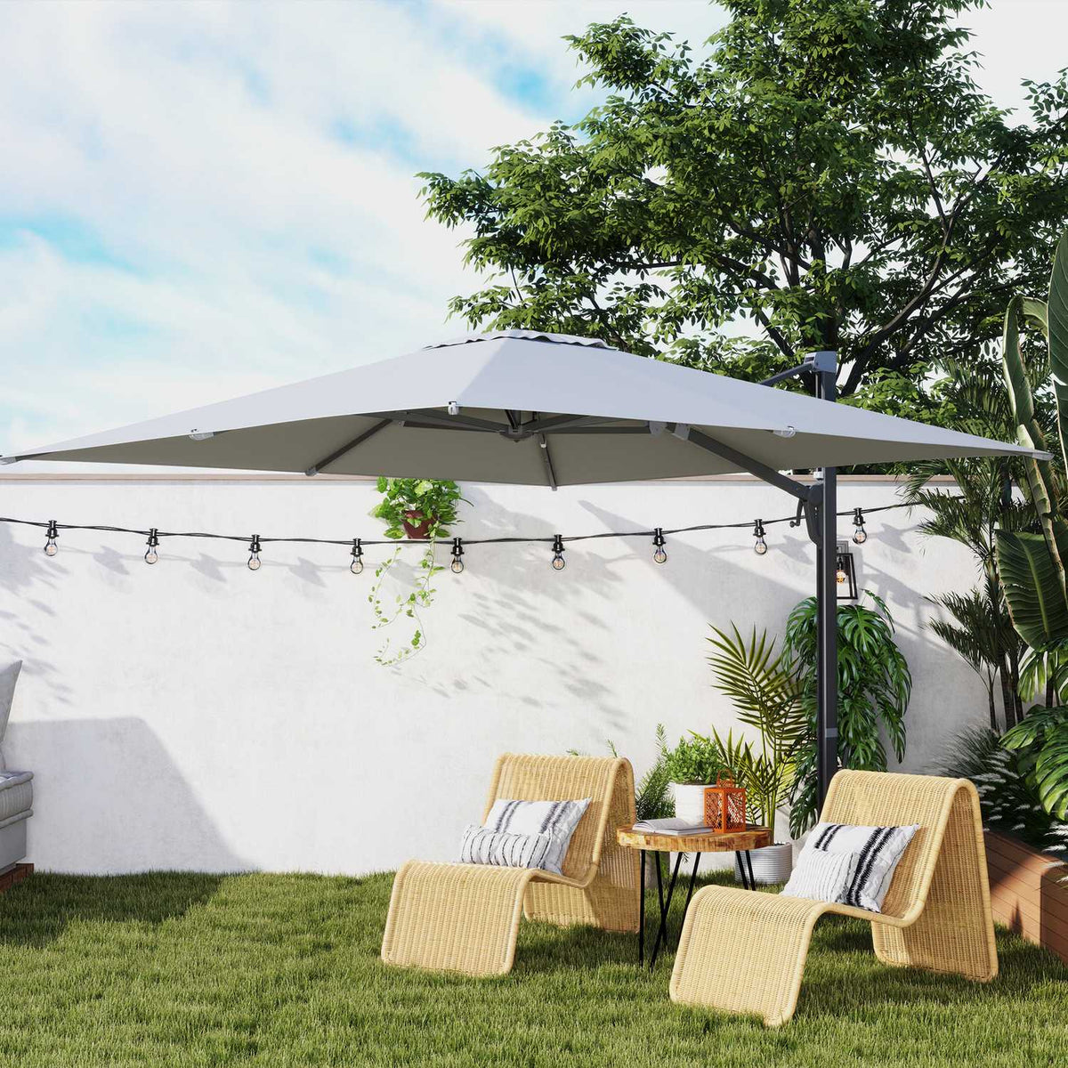 Aluminum Cantilever Umbrella 3 x 3 m 360° Rotating Parasol with Crank Stand Tiltable Water-Repellent Market Umbrella Height-Adjustable Garden Umbrella Crank Umbrella Sun Protection for Garden Balcony Light Gray
