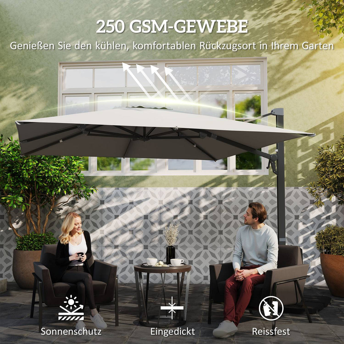Aluminum Cantilever Umbrella 3 x 3 m 360° Rotating Parasol with Crank Stand Tiltable Water-Repellent Market Umbrella Height-Adjustable Garden Umbrella Crank Umbrella Sun Protection for Garden Balcony Light Gray