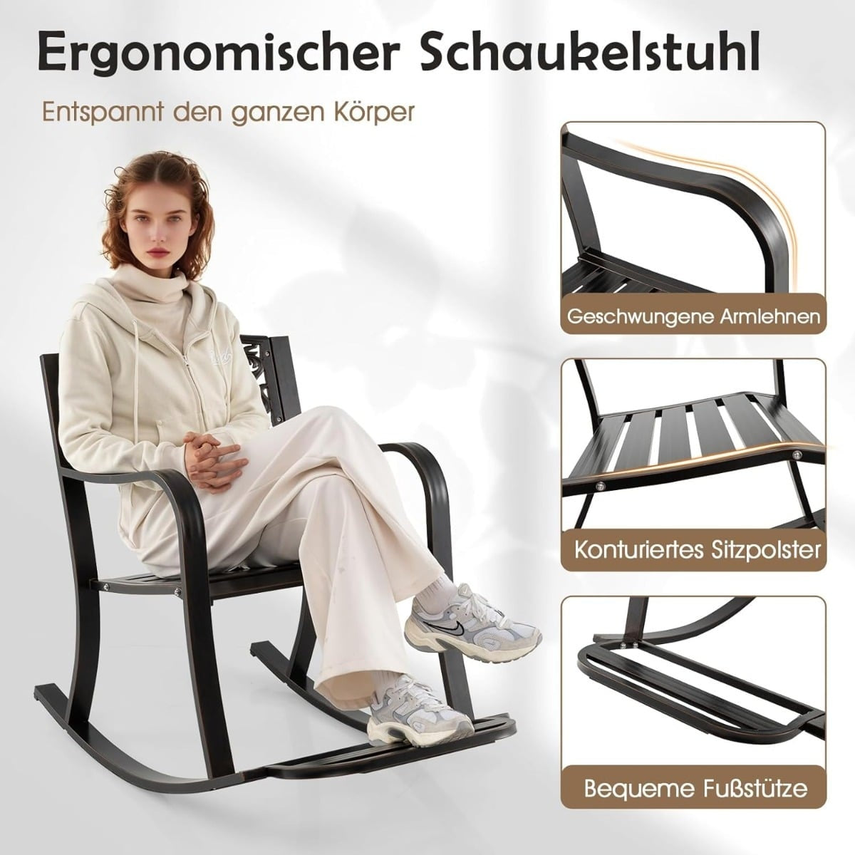 Aluminum Cast Rocking Chair with Footrest, Ergonomic Design