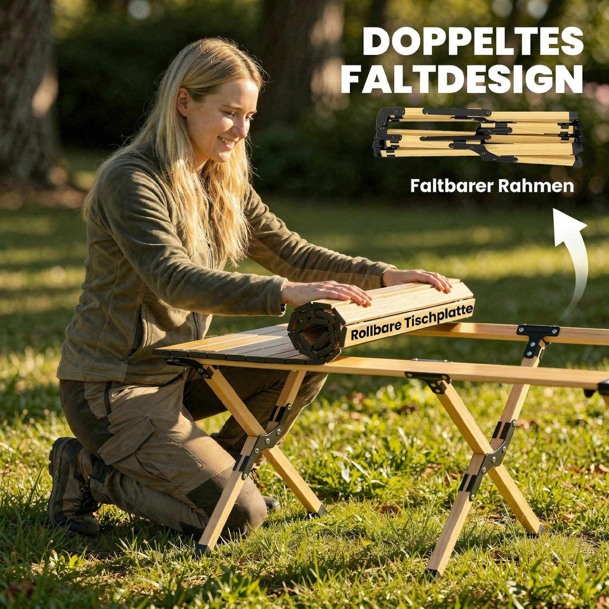 Aluminum Folding Camping Table, 117x60 cm, Roll-Up Wood Look
