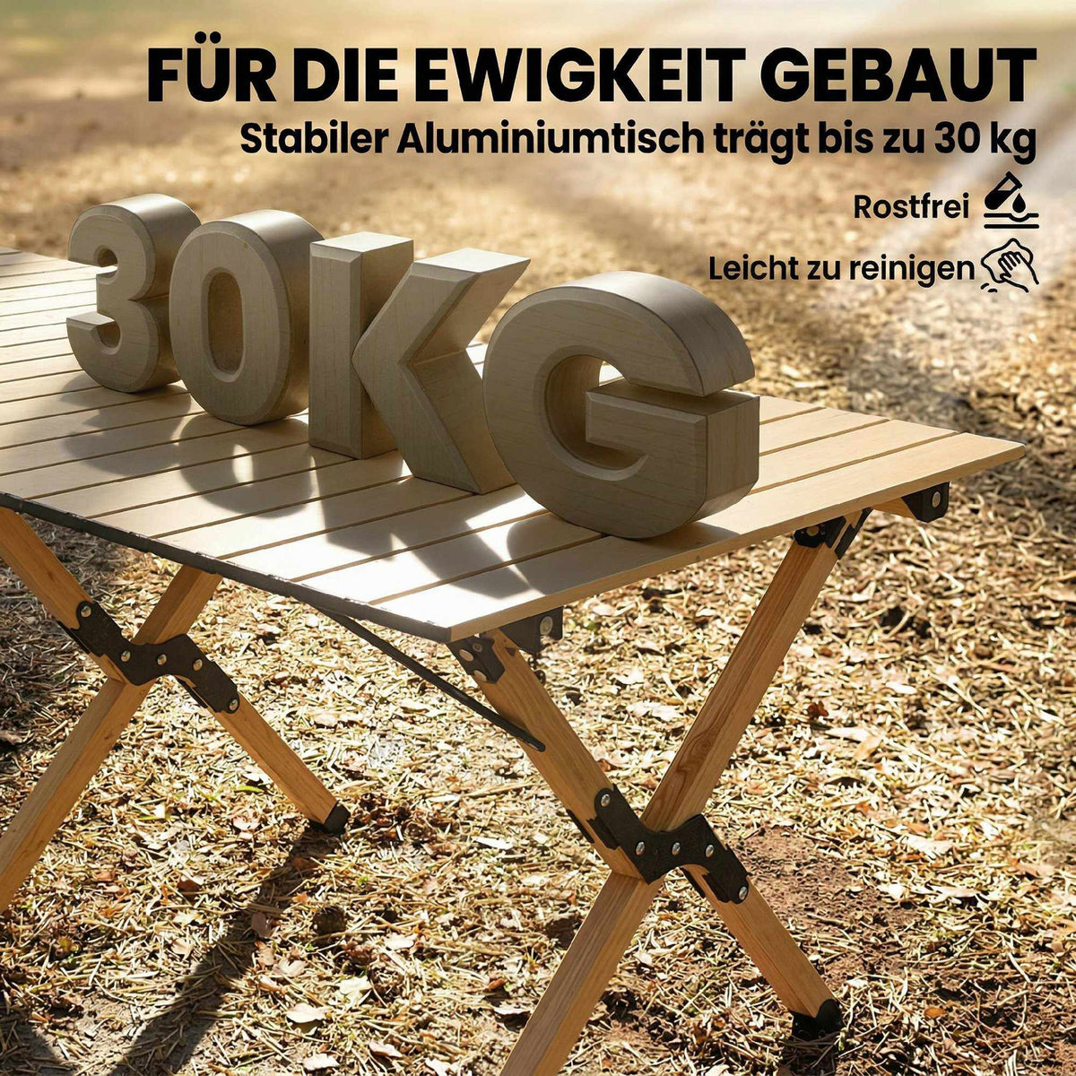Aluminum Folding Camping Table, 117x60 cm, Roll-Up Wood Look