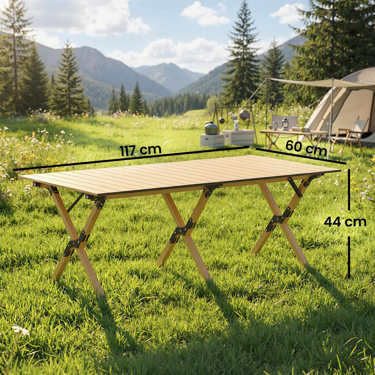 Aluminum Folding Camping Table, 117x60 cm, Roll-Up Wood Look