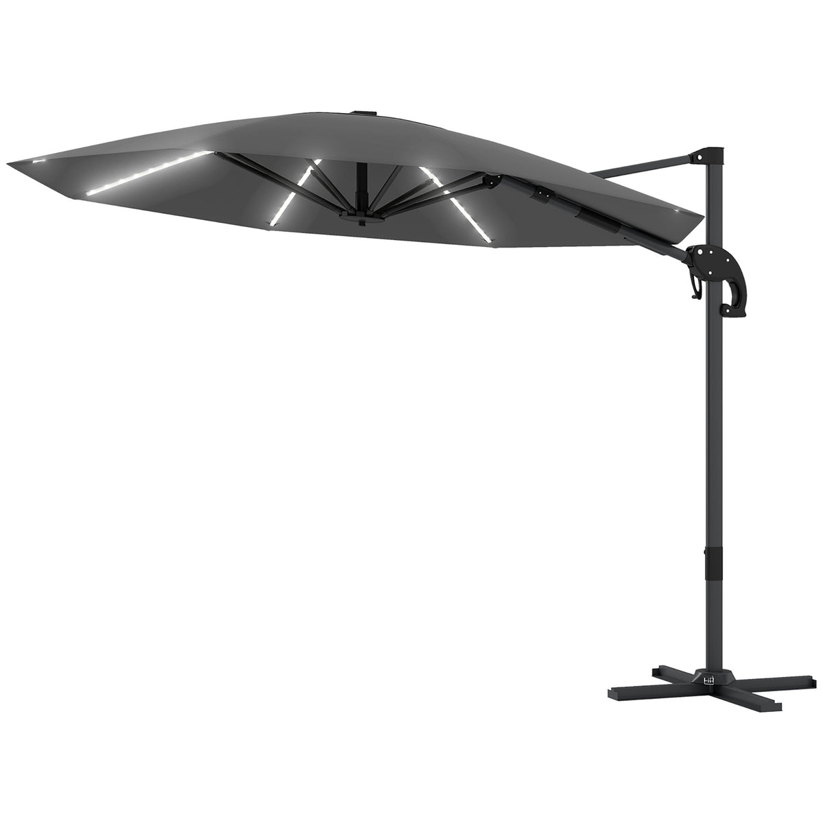 Aluminum Parasol LED Solar Diameter 300 cm Height Adjustable Parasol with Crank Stand UV50+ Water-Repellent 360° Rotatable Market Umbrella Tiltable Garden Umbrella Sun Protection for Garden Balcony Dark Gray |