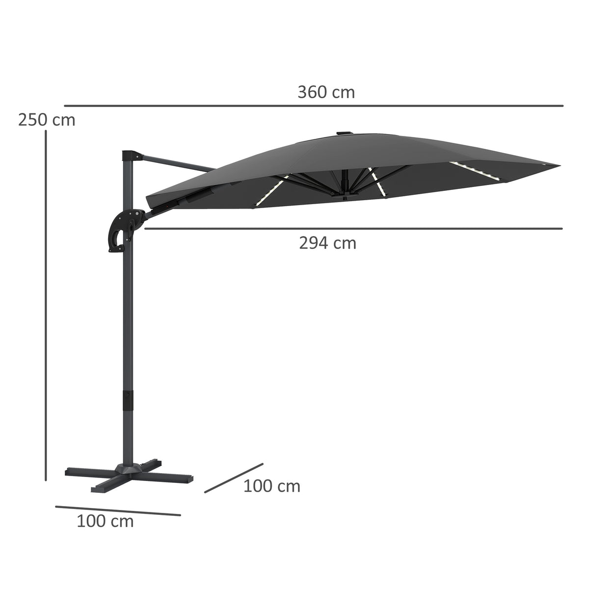 Aluminum Parasol LED Solar Diameter 300 cm Height Adjustable Parasol with Crank Stand UV50+ Water-Repellent 360° Rotatable Market Umbrella Tiltable Garden Umbrella Sun Protection for Garden Balcony Dark Gray |