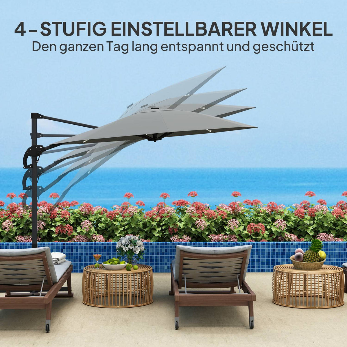 Aluminum Parasol LED Solar Diameter 300 cm Height Adjustable Parasol with Crank Stand UV50+ Water-Repellent 360° Rotatable Market Umbrella Tiltable Garden Umbrella Sun Protection for Garden Balcony Dark Gray |