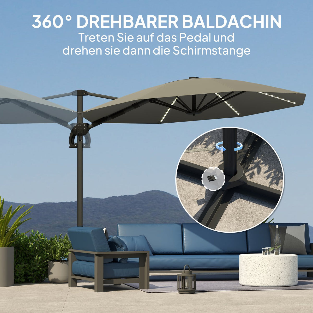 Aluminum Parasol LED Solar Diameter 300 cm Height Adjustable Parasol with Crank Stand UV50+ Water-Repellent 360° Rotatable Market Umbrella Tiltable Garden Umbrella Sun Protection for Garden Balcony Dark Gray |