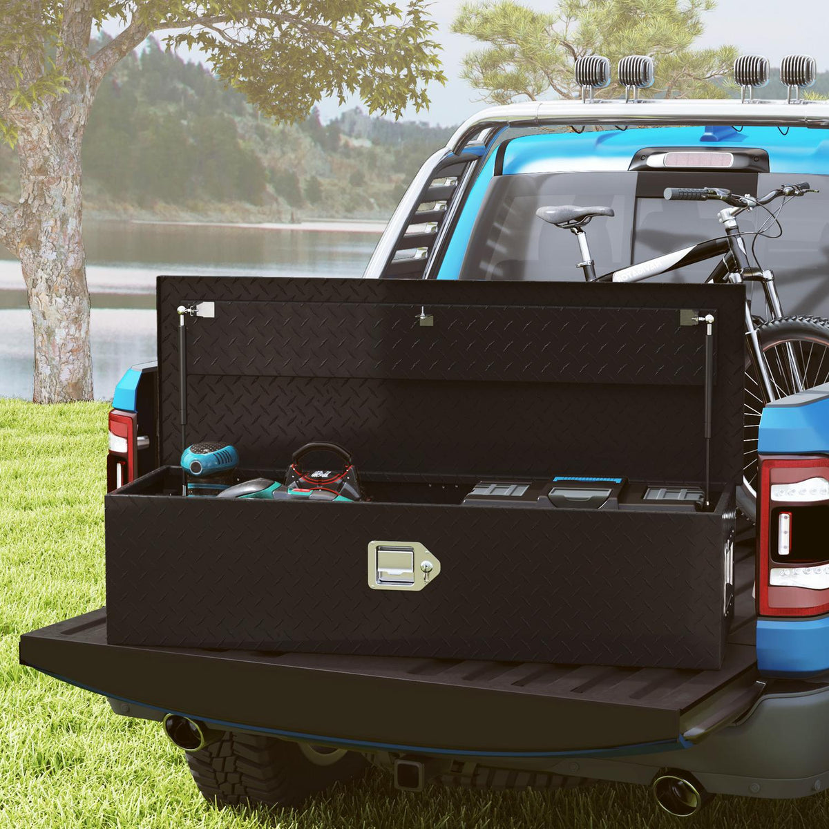 Aluminum Storage Box with Side Handles, Lock and Keys, Truck Tool Box, Trailer Storage Box, 99 x 33 x 25.5 cm, Black
