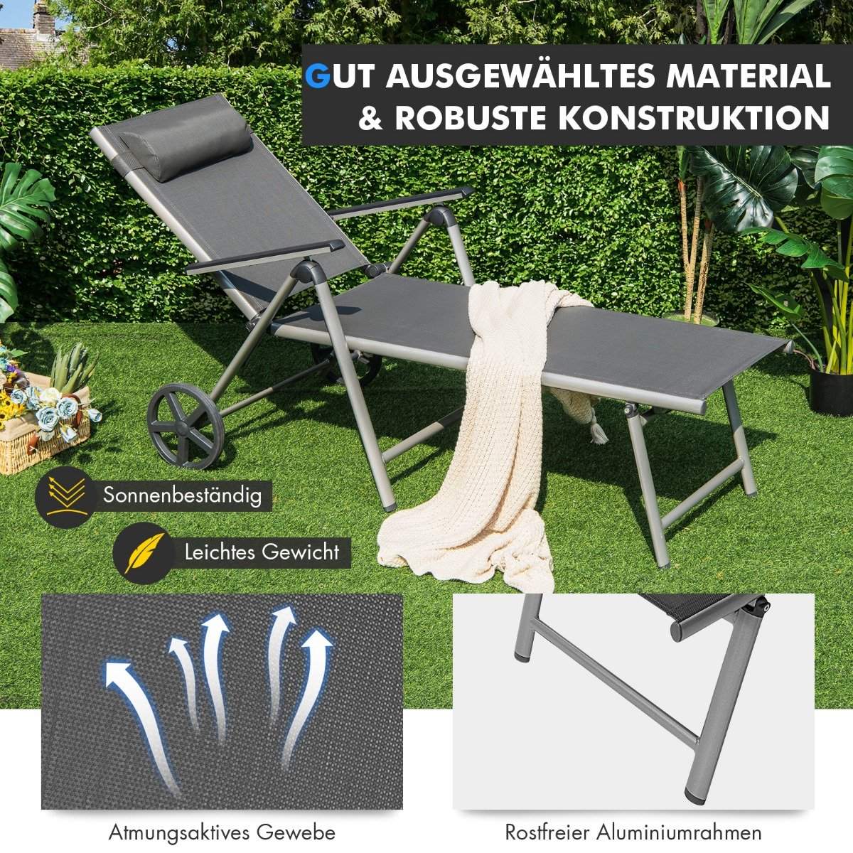 Aluminum deck chair with wheels Folding sun lounger 137.5 x 75 x 23.5 cm Gray