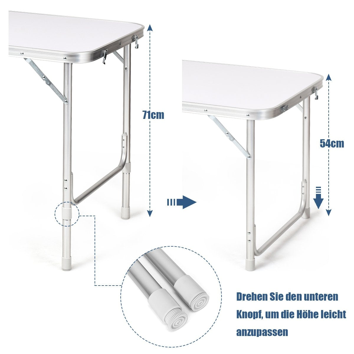 Aluminum folding camping table, 2 heights, large storage space