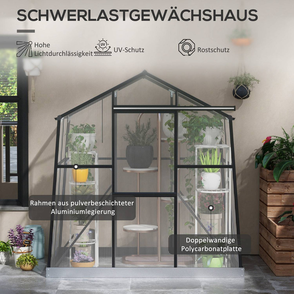 Aluminum greenhouse 2.51 m² with window & sliding door, black greenhouse with foundation 131x192x203cm for garden