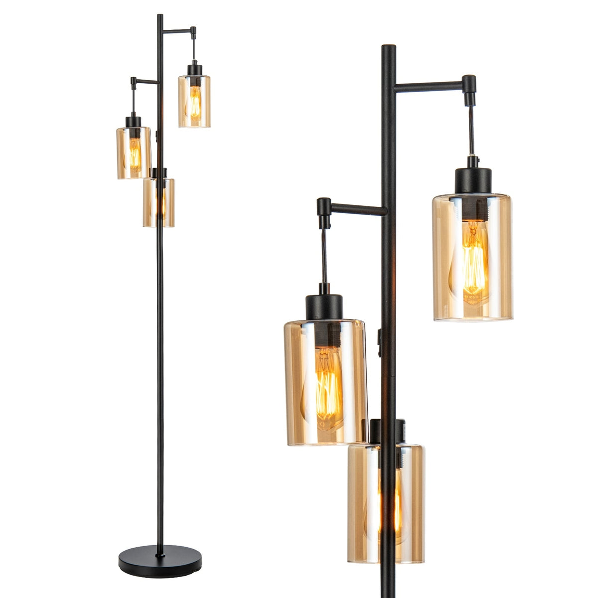 Amber Glass Floor Lamp, 3 Shades, Foot Switch, Metal Base