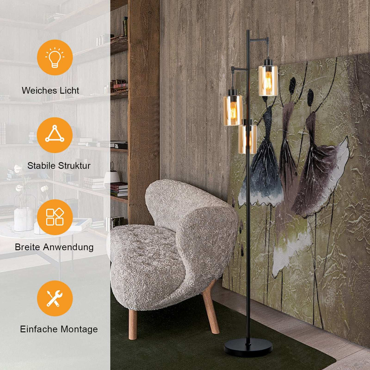 Amber Glass Floor Lamp, 3 Shades, Foot Switch, Metal Base