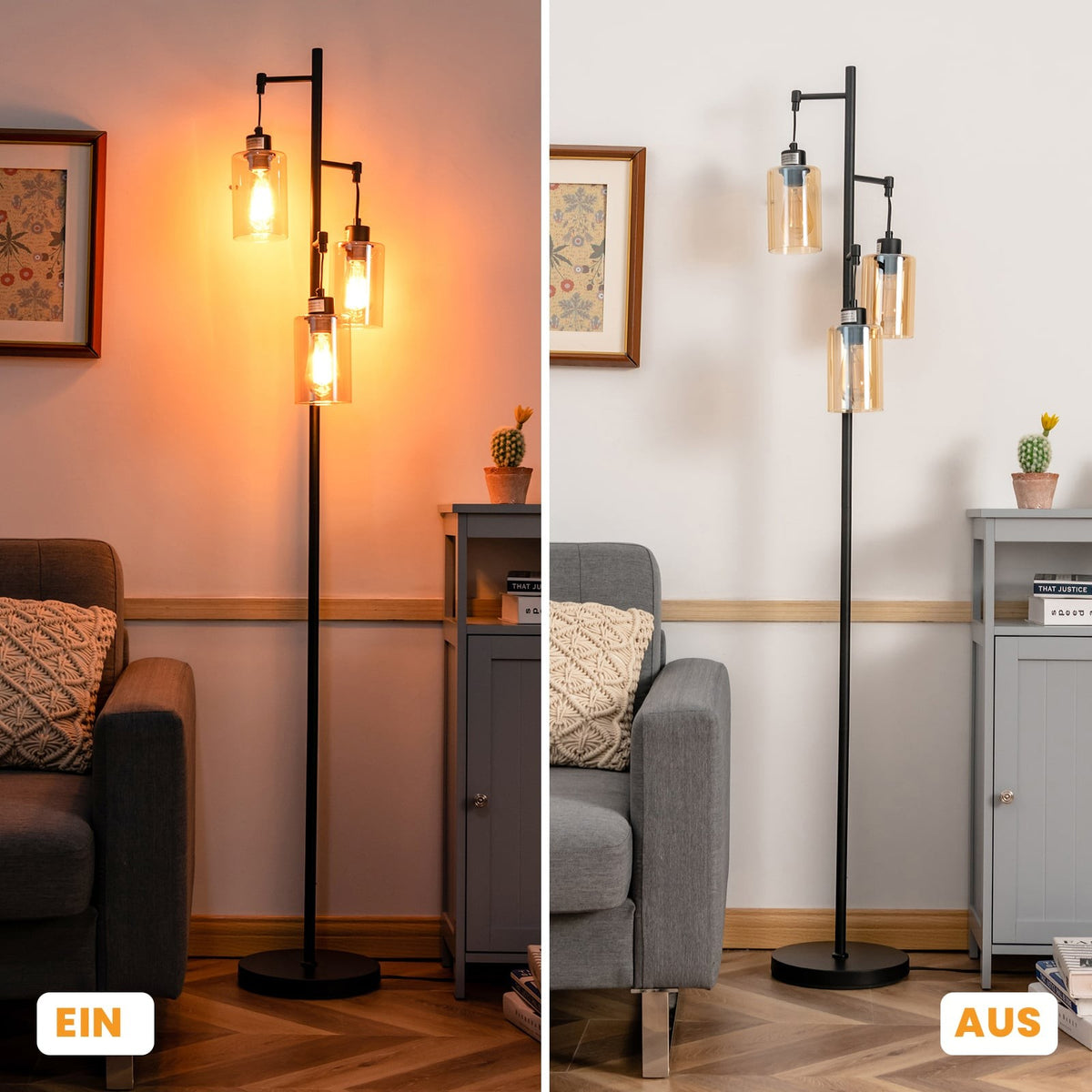 Amber Glass Floor Lamp, 3 Shades, Foot Switch, Metal Base