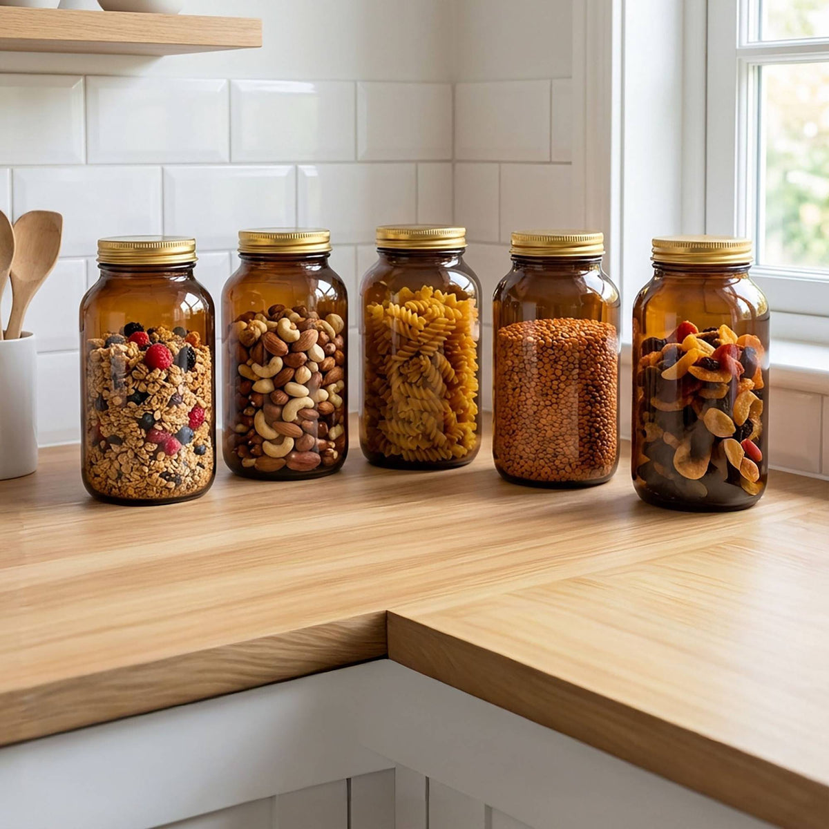 Amber Glass Jars, 250ml, Set of 5, Airtight Lids