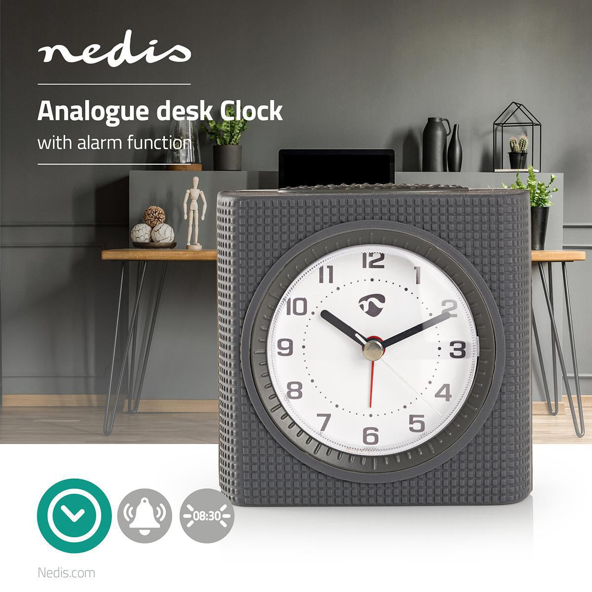 Analog Desk Alarm Clock | Snooze function | Backlighting | Grey/White