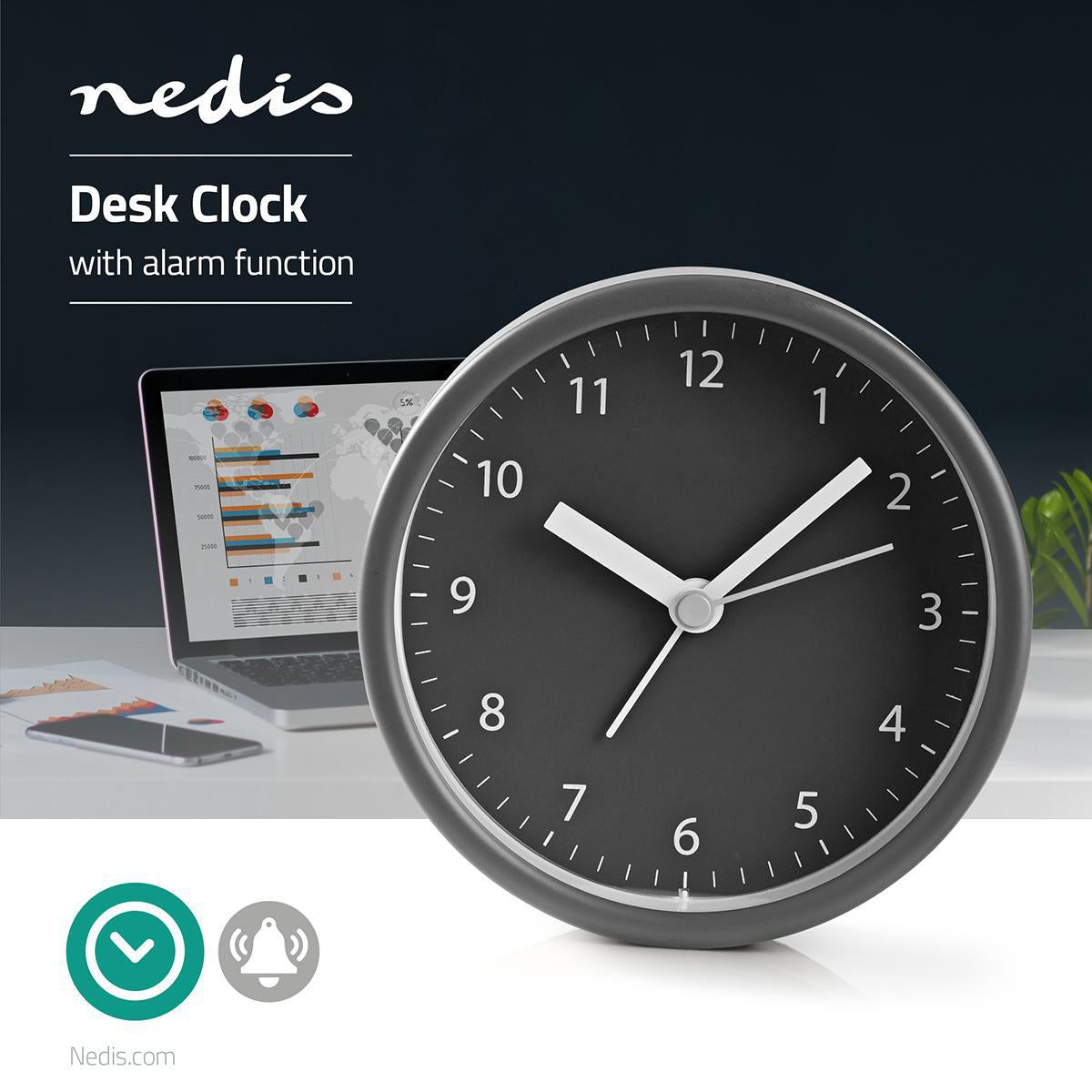 Analog Desk Alarm Clock | Snooze function | Gray