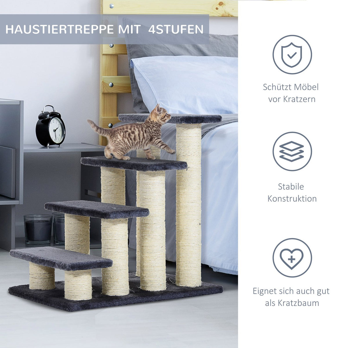 Animal Stairs 4-Step Dog Stairs & Kitten Stairs, Soft Plush, Gray, 60X40.5X59Cm