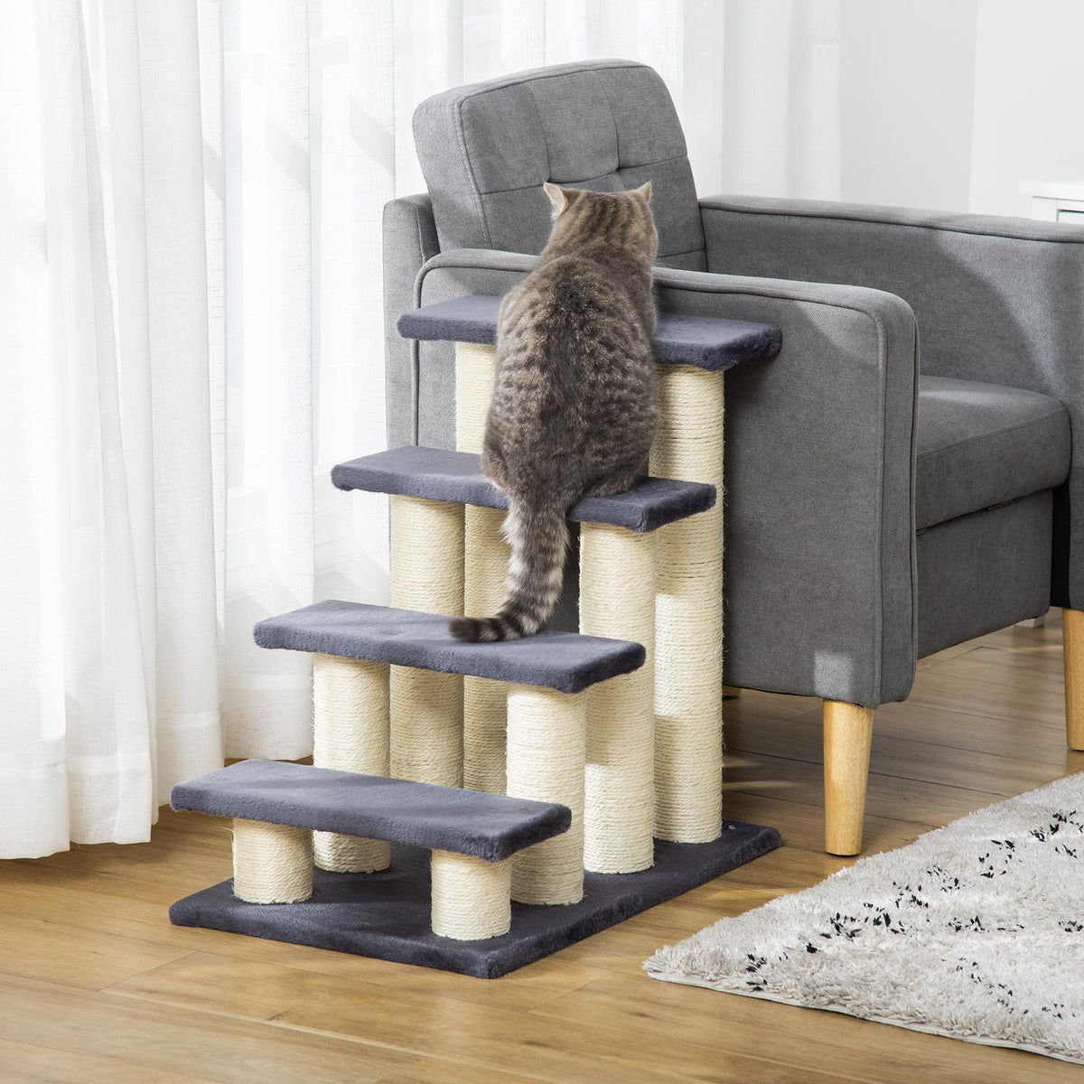Animal Stairs 4-Step Dog Stairs & Kitten Stairs, Soft Plush, Gray, 60X40.5X59Cm