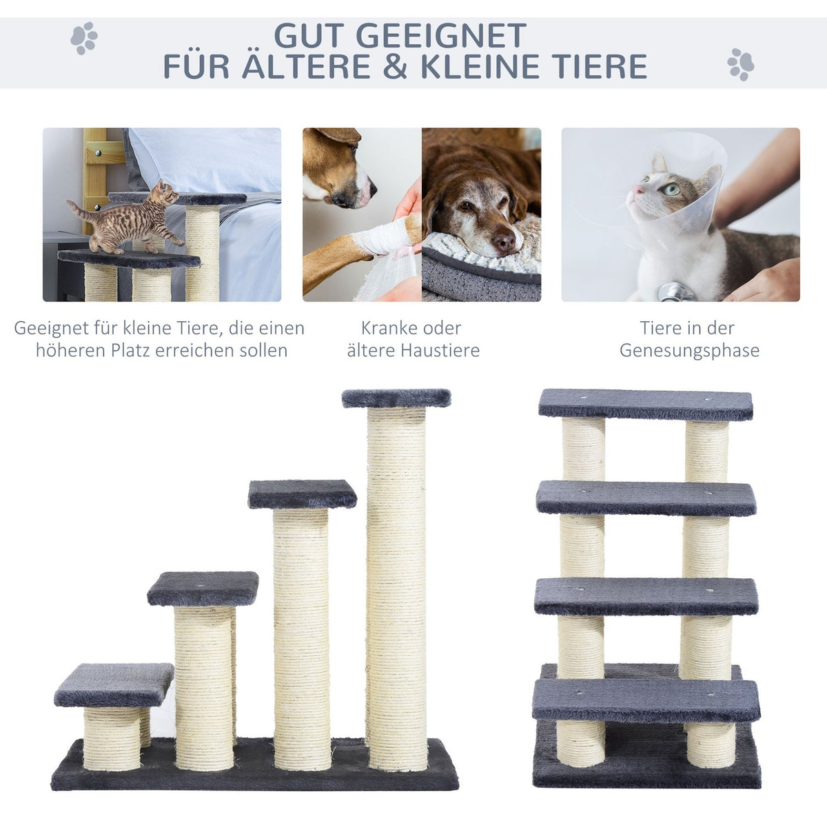 Animal Stairs 4-Step Dog Stairs & Kitten Stairs, Soft Plush, Gray, 60X40.5X59Cm