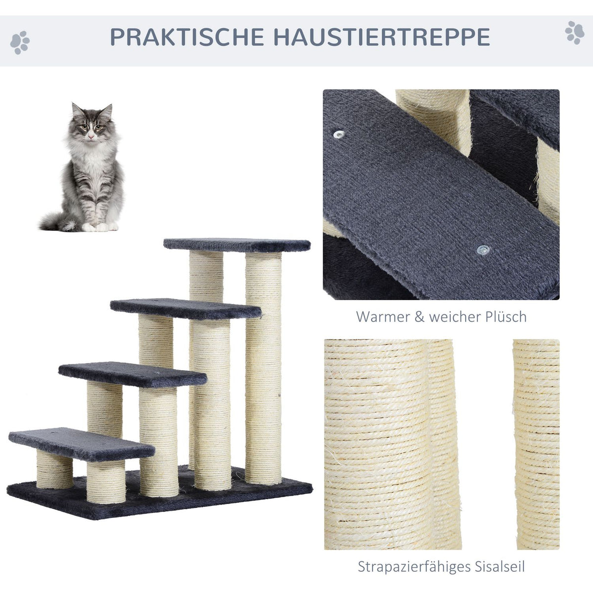 Animal Stairs 4-Step Dog Stairs & Kitten Stairs, Soft Plush, Gray, 60X40.5X59Cm
