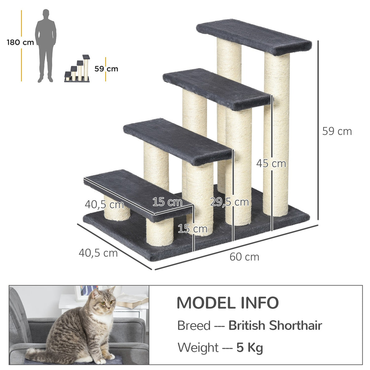 Animal Stairs 4-Step Dog Stairs & Kitten Stairs, Soft Plush, Gray, 60X40.5X59Cm