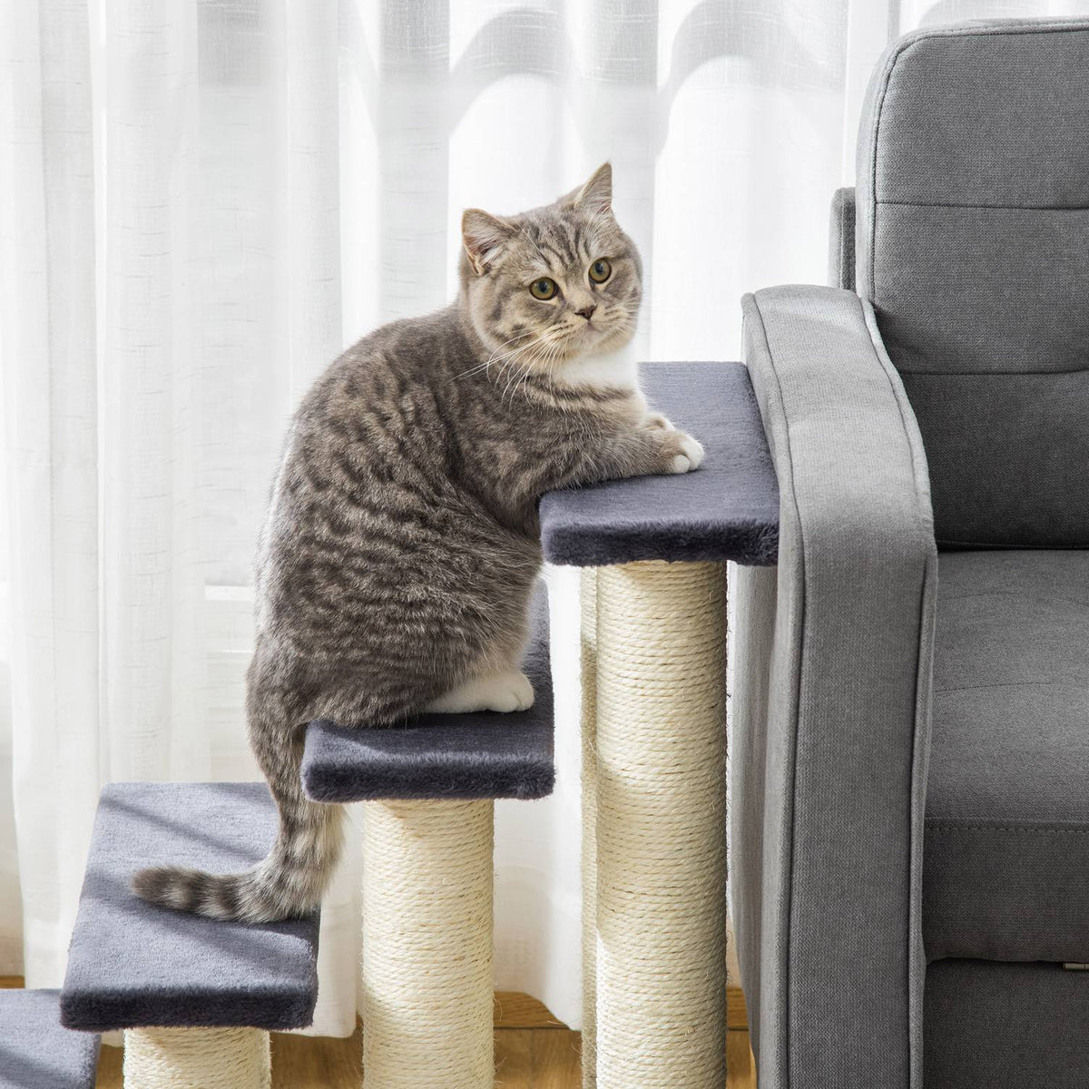 Animal Stairs 4-Step Dog Stairs & Kitten Stairs, Soft Plush, Gray, 60X40.5X59Cm
