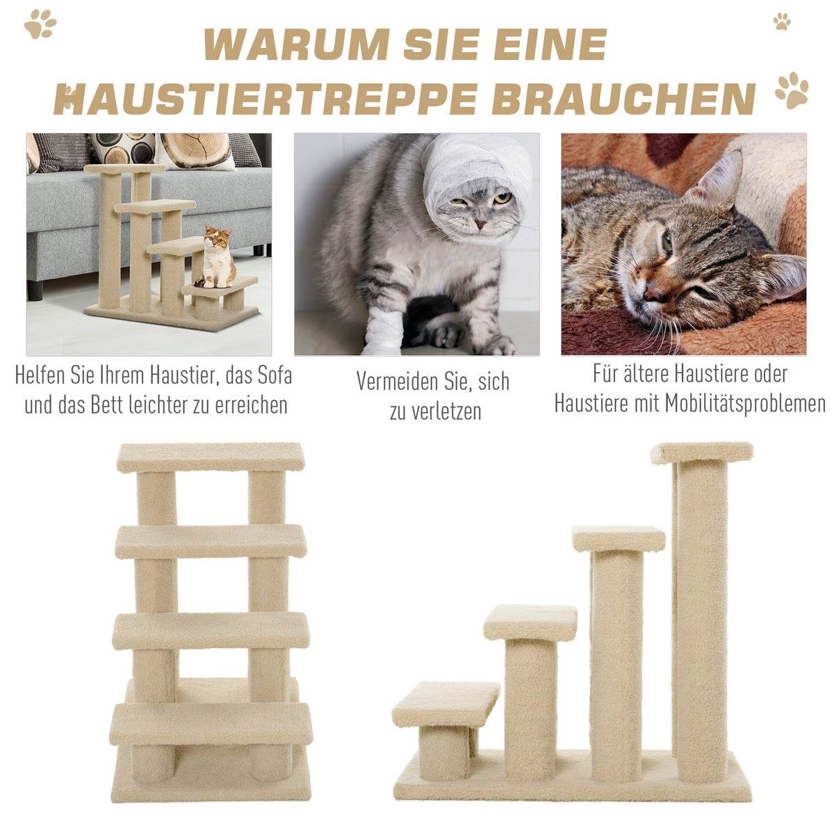 Animal Stairs Dogs Cats 4-Step Plush Beige 63.5X43X60Cm