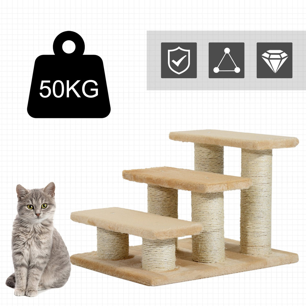 Animal Stairs For Cats And Dogs 3-Step Dog Stairs, Plush, Cream, 45X35X34 Cm